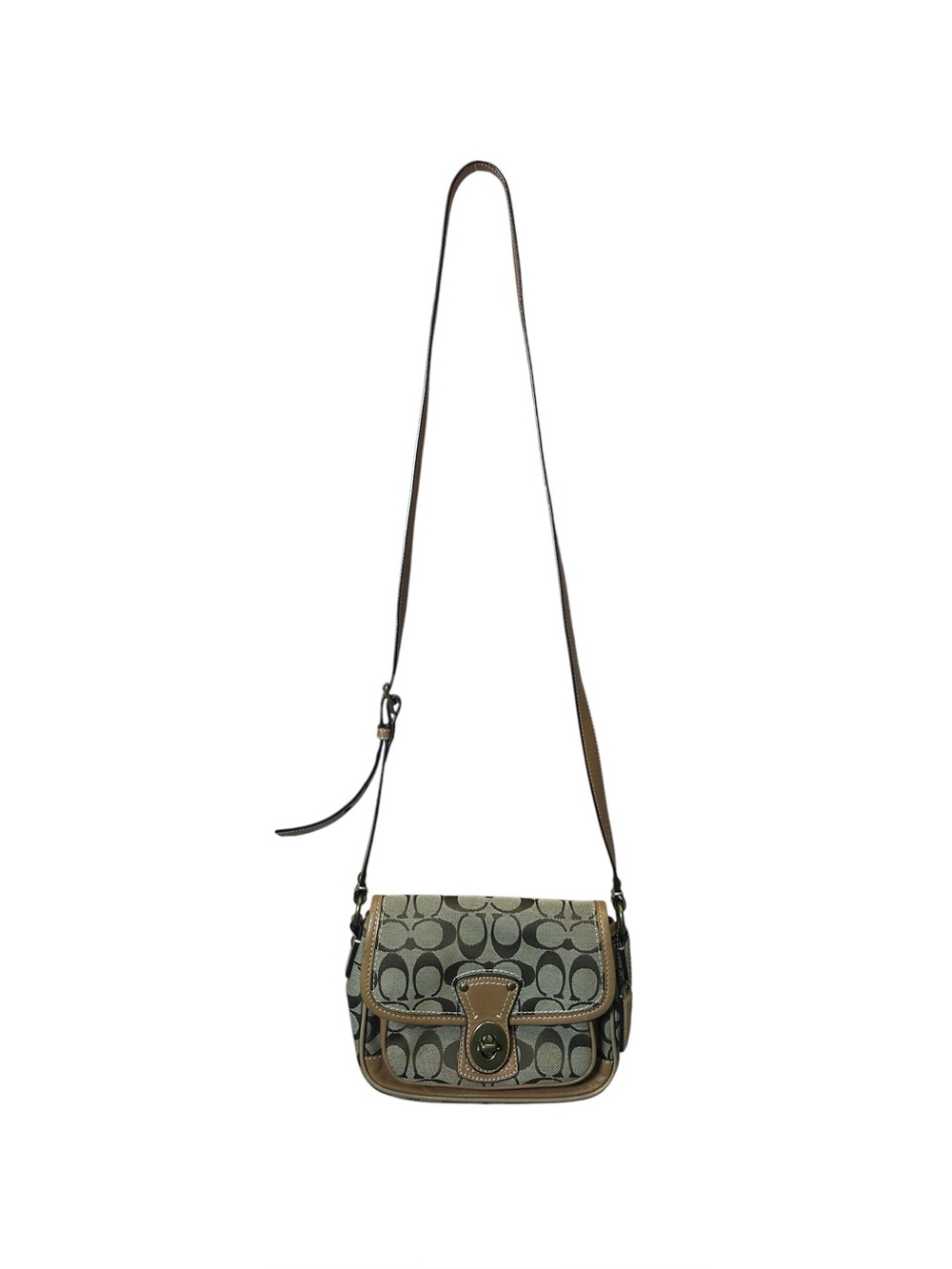 Coach Signature Monogram Turnlock Leather Crossbody Messenger Bag - Tan